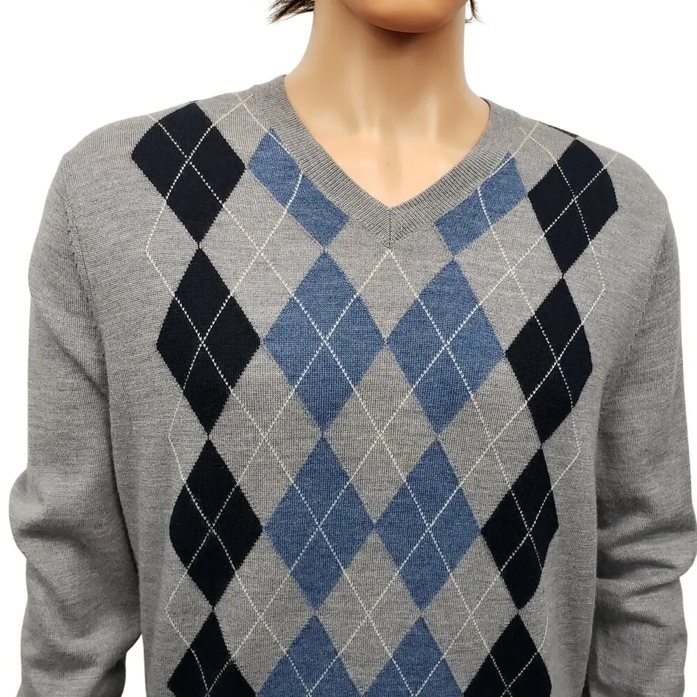Banana Republic 100% Merino Wool Sweater Men L Argyle Diamond V Neck Gray Blue